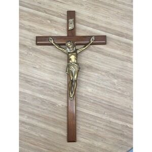 Vintage Wooden Wall Crucifix Cross Brass Jesus INRI Catholic Christian
